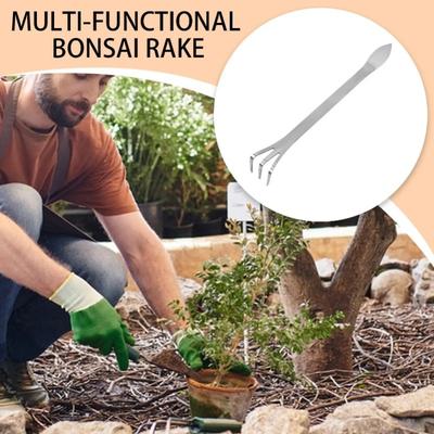 Rastrello per radici in acciaio inossidabile Bonsai Piante in vaso 3 punte Strumento per allentare il terreno Rastrello portatile antiruggine Giardinaggio domestico rastrello bonsai
