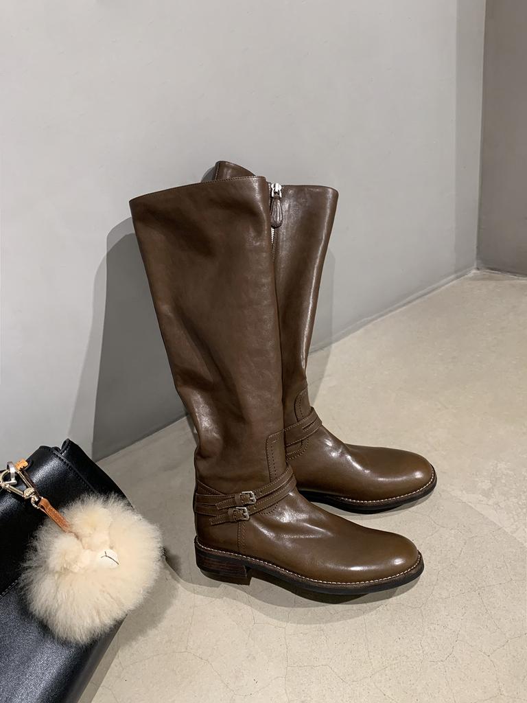 Studiolee Vegetable Tanned Leather Pattern~ Double Buckle with Round Head But Knee Side Zipper Thick Heel Knight Boots Women