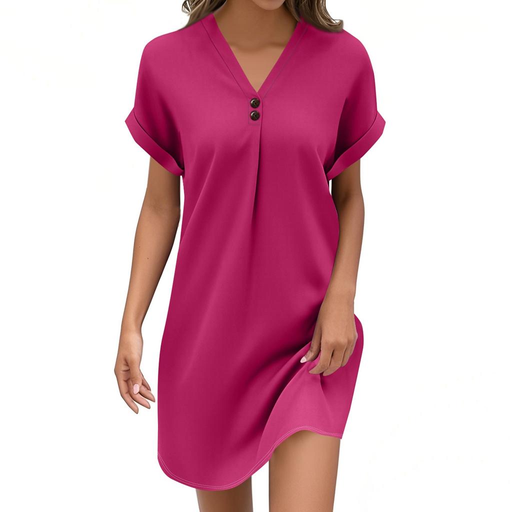 Women's Fashion V-neck Solid Color Pullover Casual Button Dress