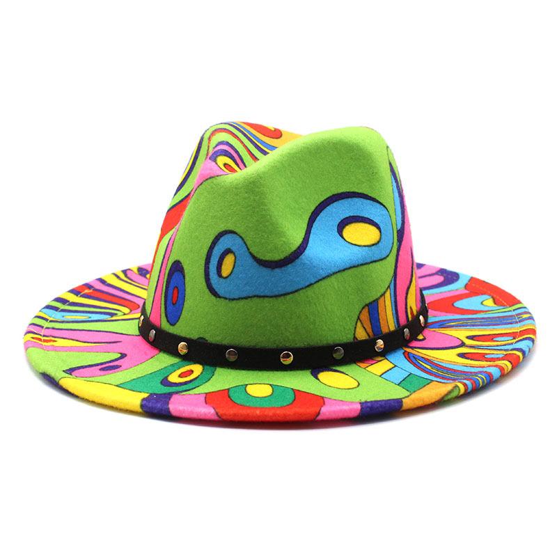 2021 Graffiti Print Big Brim Woolen Felt Hat Men'S And Women'S Top Hats Jazz Hat Felt Hat