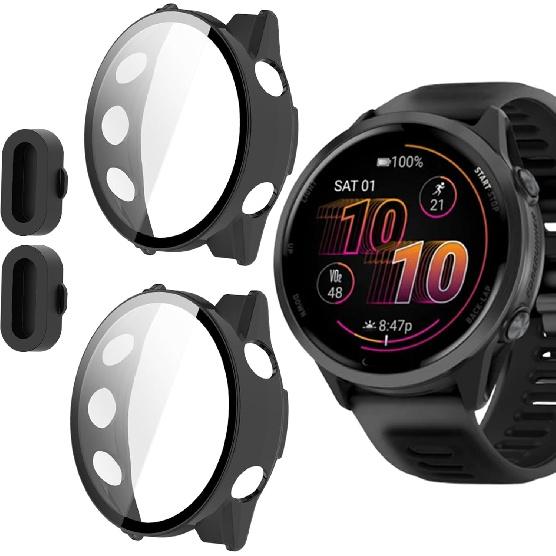 Compatible for Garmin Forerunner 570 Case with Dust Plug, Lamshaw Case with Tempered Glass Screen Protector + Dust Plug Compatible with Garmin