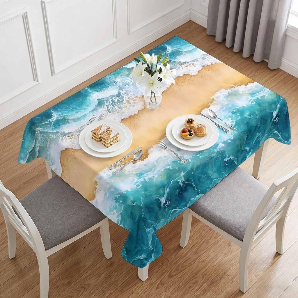 Nautical Ocean Sea Wave Waterproof Table Cloth for Table Decor Reusable Kitchen Dining Tablecloth Holiday Party Decorations