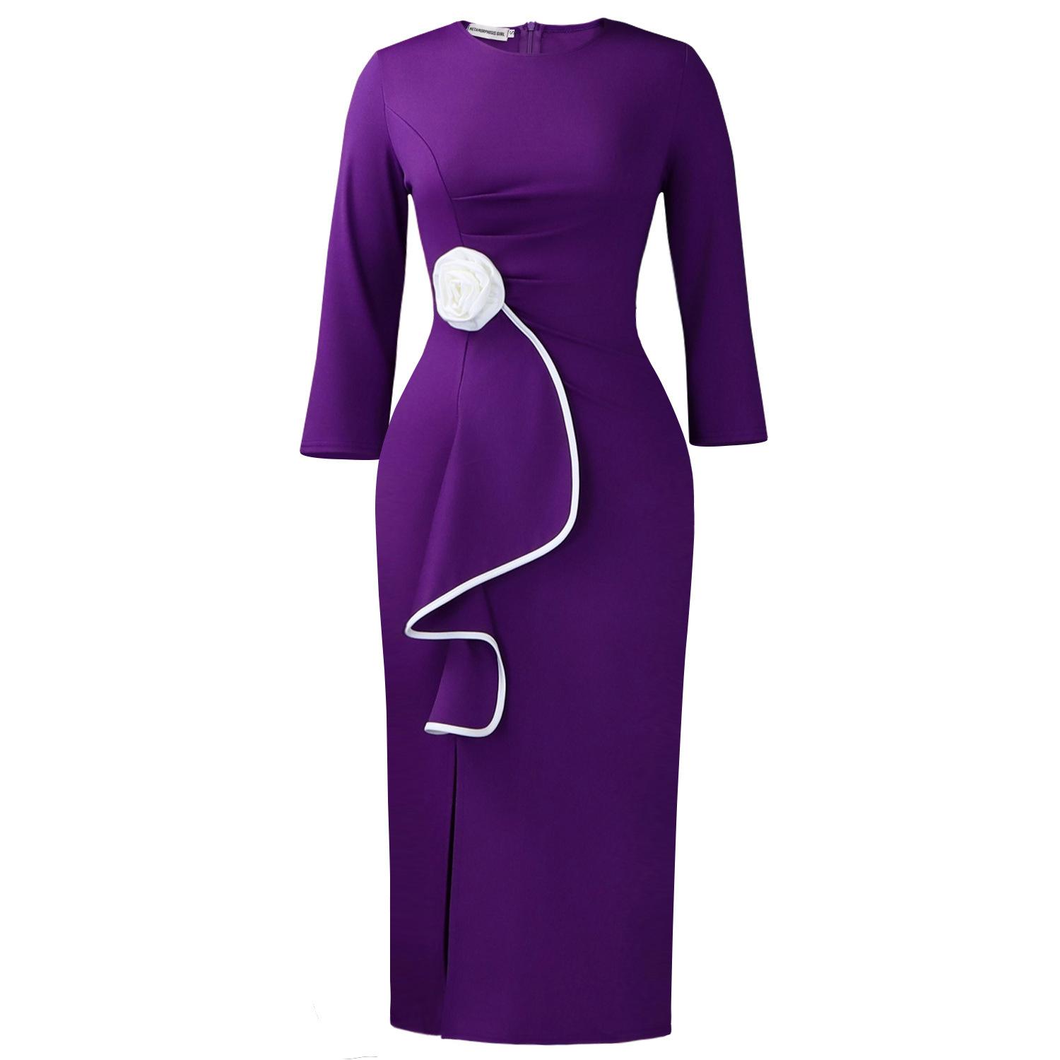 

Женское элегантное платье большого размера с круглым вырезом, трехмерными цветами, модными рюшами-листьями, облегающее бедра, подчеркивающее фигуру S фиолетовый
