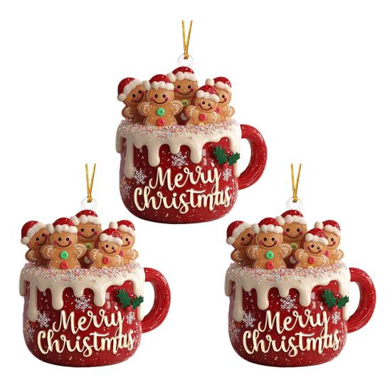 1/2/3Pcs Merry Christmas Gingerbread Man Family Ornament Red Ceramic Mug Pendant with Frosting Snowflake Patterns