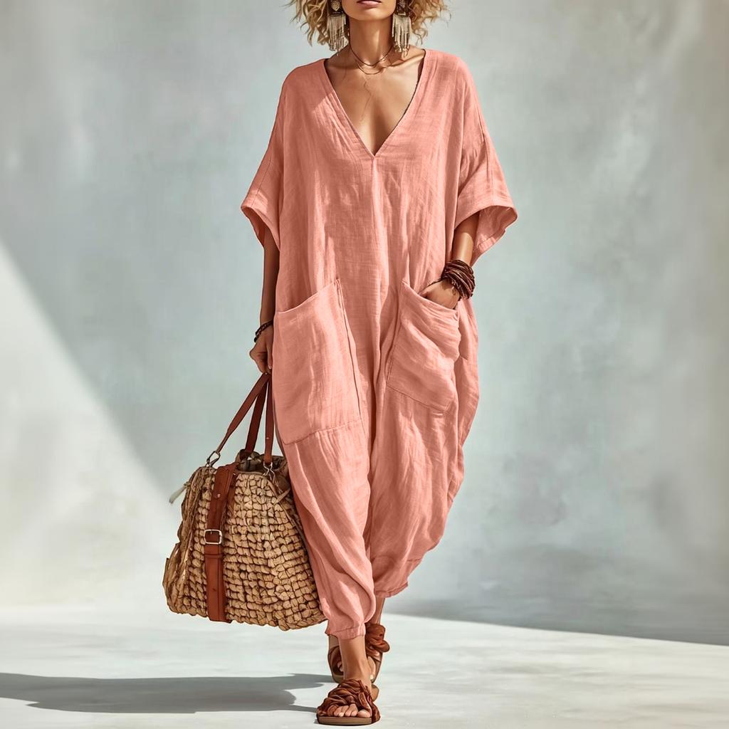 Women's Linen V Neck Jumpsuit with Pockets Wide Leg Romper