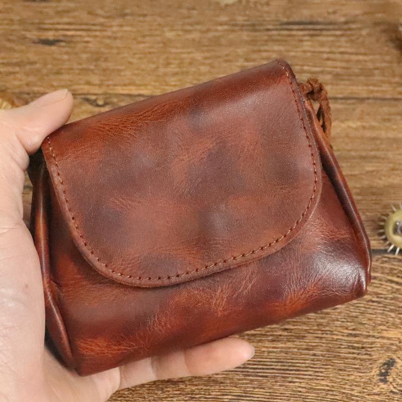 Hand Painted Vegetable Tanned Leather Coin Purse for Women, Vintage Chinese Style Layered Cowhide Leather Key Bag, Headphone Storage Bag