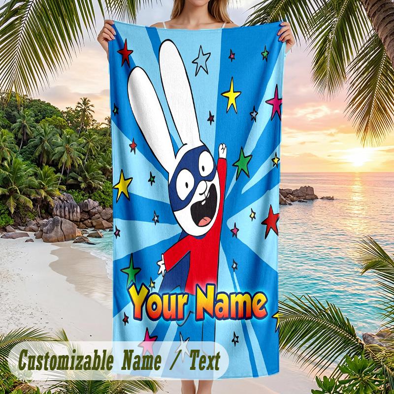 Simon Super Rabbit Beach Towel, Personalized Custom Text, Quick Dry Soft Large Towel For Swimming Pool Travel