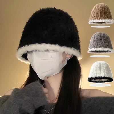 Headwrap Woolly Bucket Hat Thicken Flat Top Cap Winter Hats Women Lady Caps