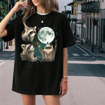 Moda Feminina Bonito Animal Guaxinim Lua Estampa Camiseta Engraçada Casual O-pescoço Manga Curta Camiseta Verão Camiseta Feminina