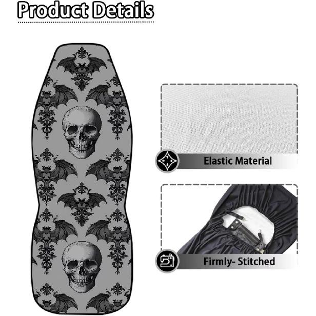 Gothic Skull Car Seat Covers Highback Bucket Seat Cover Universal Front Bucket Seat Cover,2pcs Universal Fit, Halloween Bat Auto Accessories