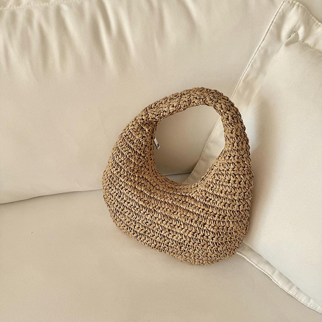 Practical Women's Raffia Top Handle Bags Casual Handbag Zippered Handbags for Summer Getaways and Daily Use  Beige