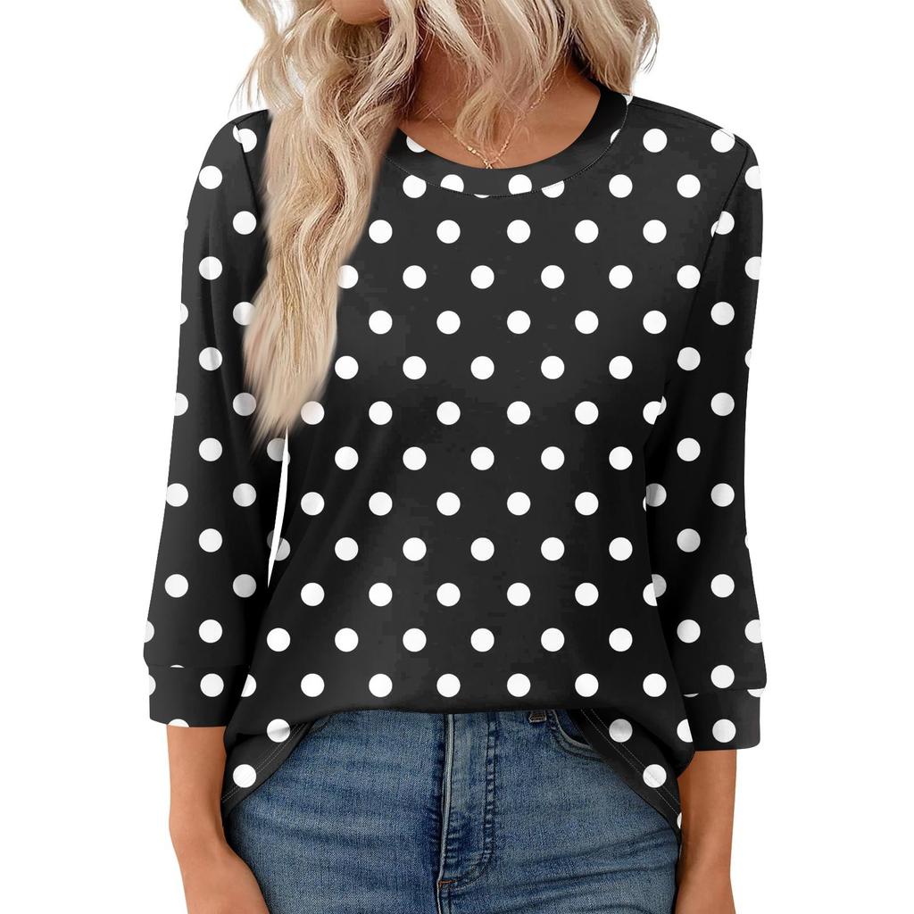 Women's Fashion Casual Round Neck 3/4 Sleeve Loose  Printed T-Shirt Ladies Top