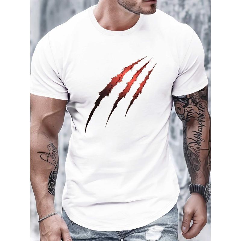 European Size Men's White Werewolf-Inspired Claw Mark T-Shirt - Red & Black Design, Short Sleeve Round Neck Casual Tee with Iconic Triple Claw Print