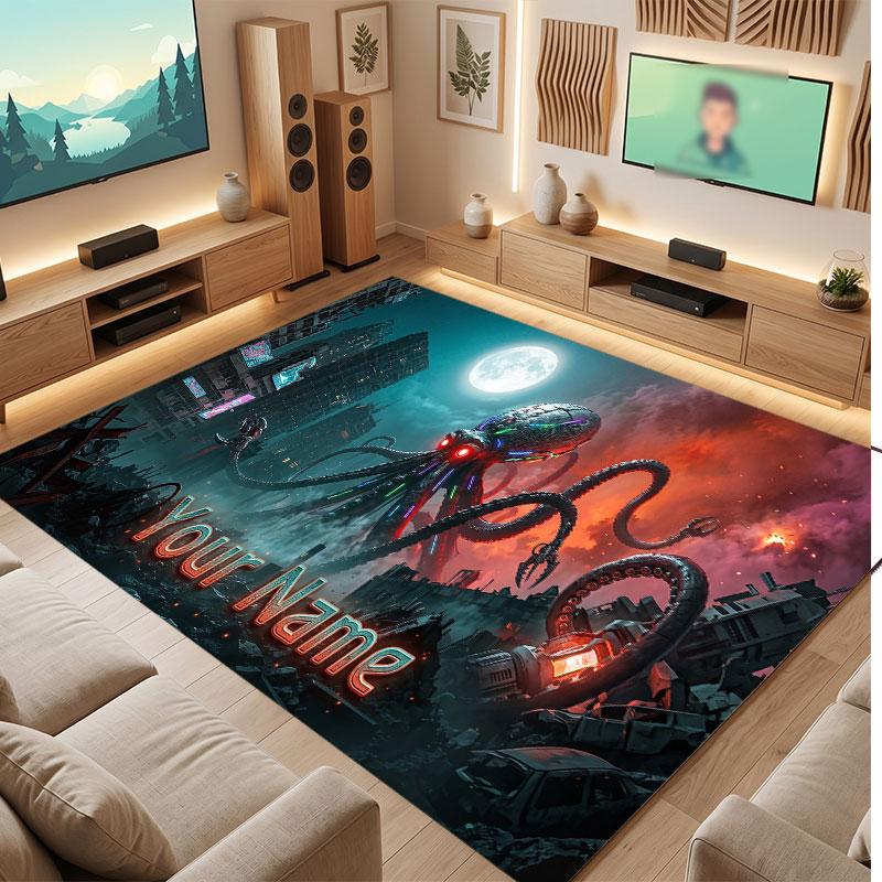 Space Cosmic Theme Crystal Velvet Floor Rug Personalized Custom Name Text Warm Carpet Home Decoration
