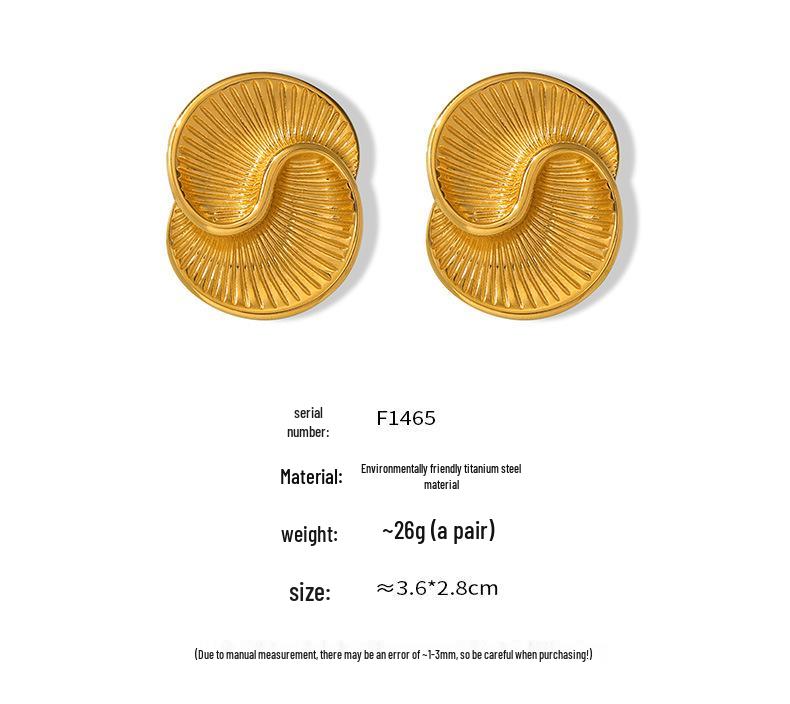European and American Style Asymmetrical Titanium Steel 18K Gold Plated Water Drop Texture Spiral Earrings for Women