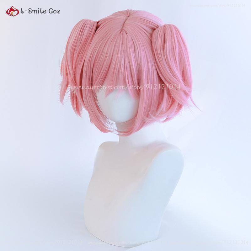 Anime Madoka Kaname Cosplay Wig Light Pink Double Ponytail Clip Wig Heat Resistant Synthetic Hair Halloween Party Wigs + Wig Cap