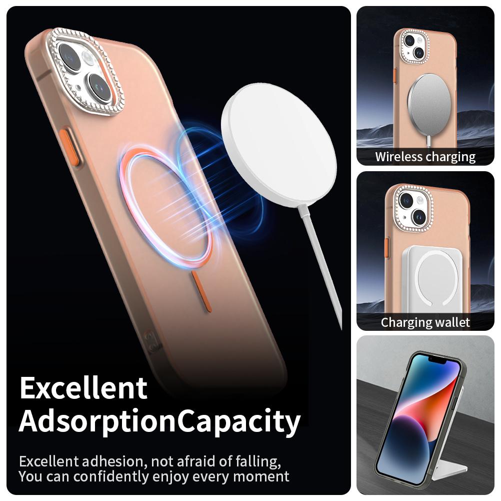 For iPhone 14/13 Case Compatible with MagSafe TPU+PC+PET Phone Cover Rhinestone Decor Lens Frame