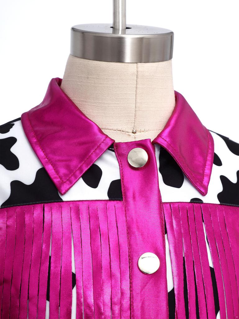 Mädchen Western Cowgirl Kostüm Metallisches Patchwork Ärmelloses Oberteil mit Fransen und Quasten-Shorts Outfit Set