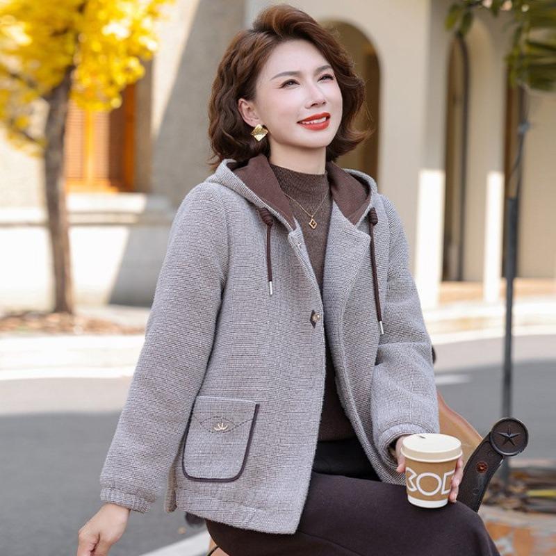 New Women's Clothing Autumn and Winter Woolen Hooded Top Medium Fleece Thickened Coat