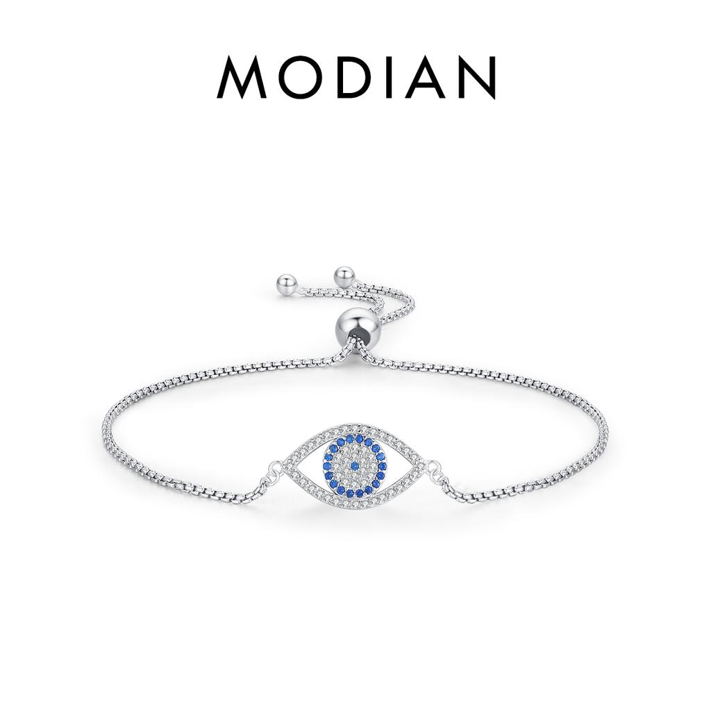 MODIAN Pure 925 Silver Luxury Turquoise Blue Eyes Clear Cubic Zircon Crystal Link Chain Bracelet For Women Fine Jewelry