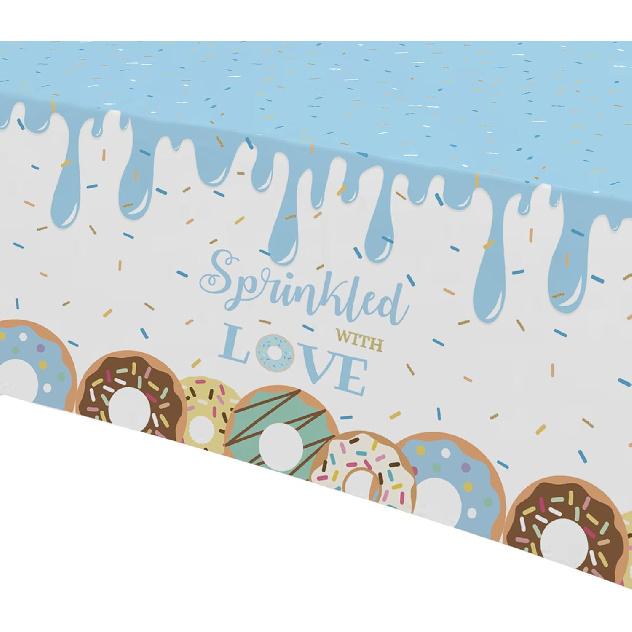 Donut Baby Sprinkle Decorations Boy Tablecloth - Sprinkled with Love Baby Shower Decorations Party Supplies Table Cover, Blue Donut Baby Shower