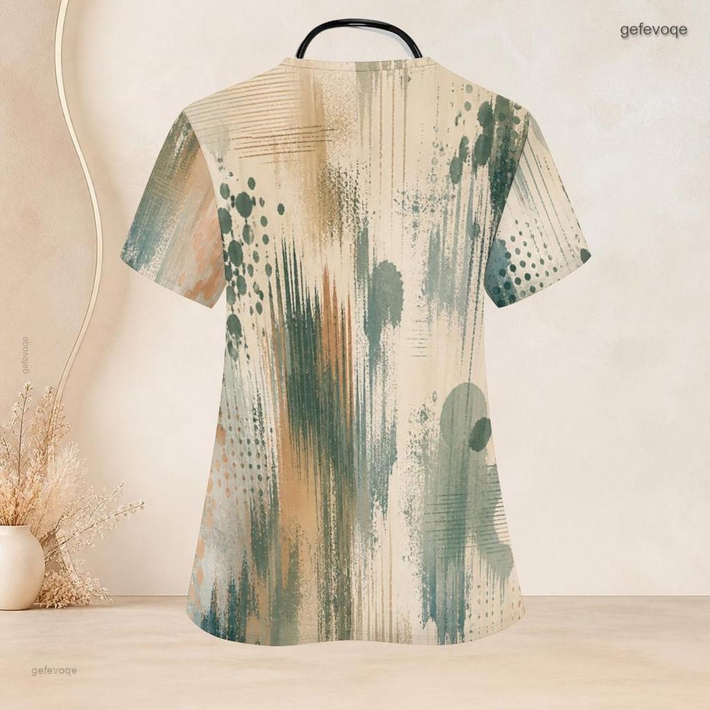 Women Plus Size Abstract Printed Nurse Scrub Top Keyhole Neck Short Sleeve With Front Pockets