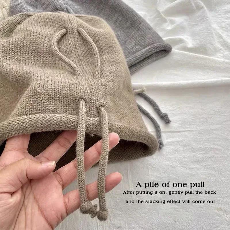 Pop Stil Show Gesicht Kleiner Stapelhut Kordelzug Baggy Slouchy Beanie Damen Herbst Ohrwärmer Skullies Mütze Einfarbige Strickmütze