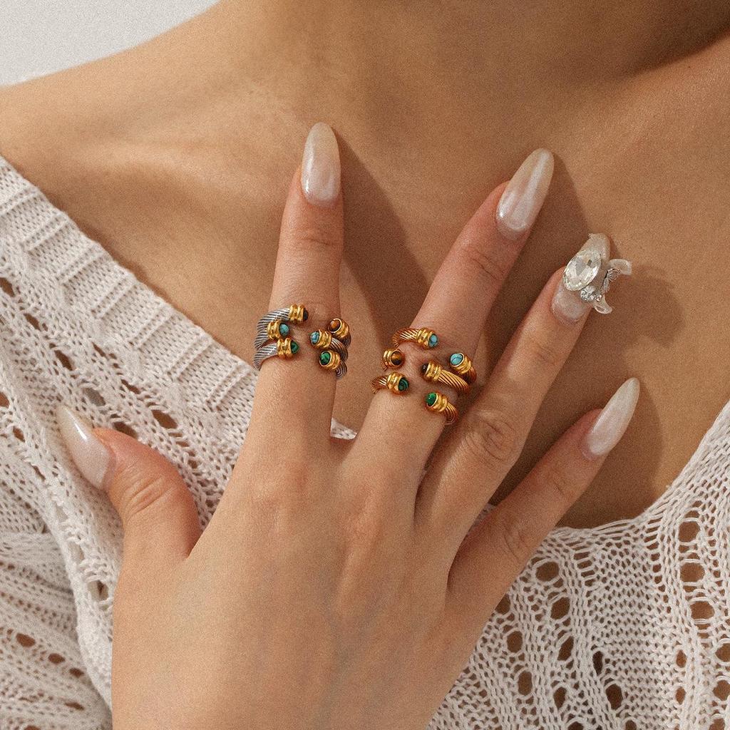 European and American Stainless Steel Natural Stone Open Ring - Women's Minimalist Luxury Titanium Spiral Design