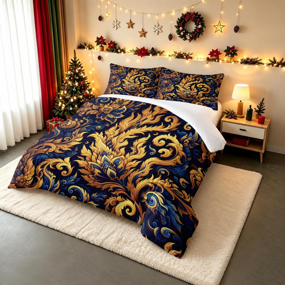 3 Piece Bedding Set Ornate Gold Blue Floral Damask Pattern Navy Print Duvet Cover for Adult Room Decor