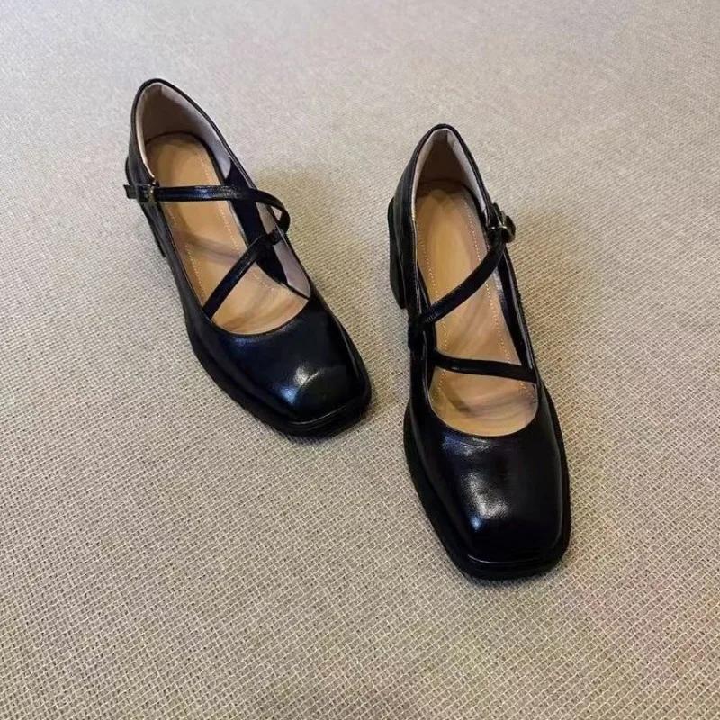 

Fashion Autumn New Coarse Heel Single Shoes Women s Fashion Square Head Shallow Mouth Word with Anti-slip Wear-resistant Low-top Shoes 35 чёрный