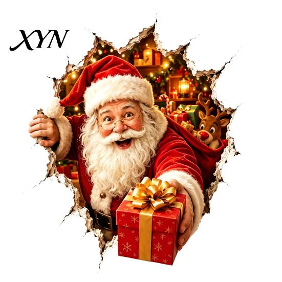 Seasonal Wall Art Christmas Break-In 3D Decal, Santa Claus/Deer/Snowman/Elf/Dog/Nutcracker/Gingerbread Man Patterns Window Holiday Atmosphere