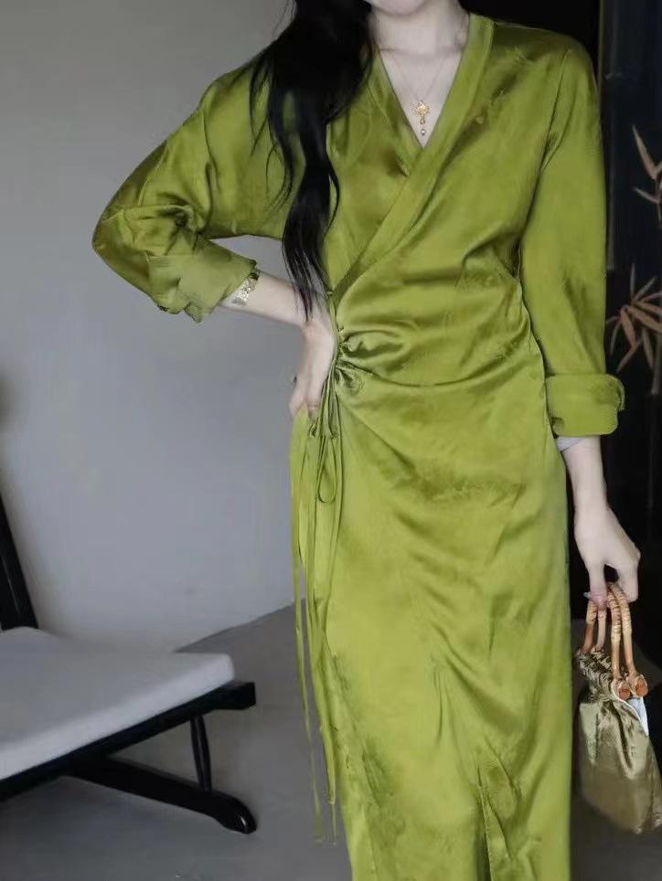 In Stock Spring/Summer 2026 High-End Chinese Style Qipao Dress with Diagonal Tie for Women