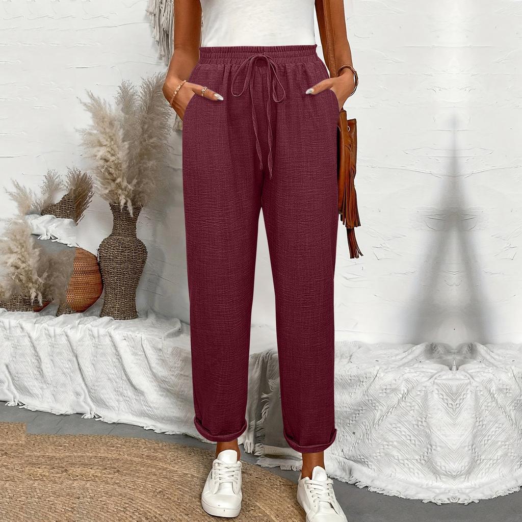 Drawstring Waist Slant Pockets Pants Casual Loose Tapered Pants For Spring  Summer  Women's Clothing