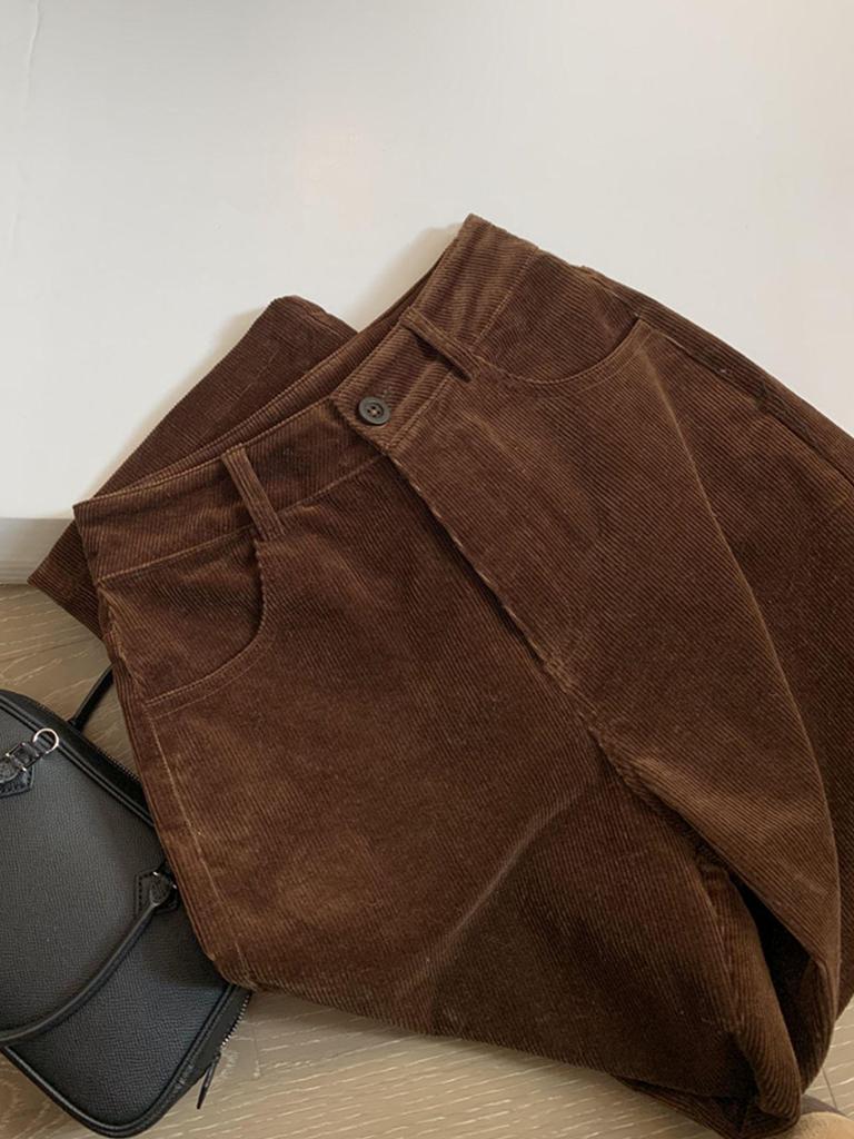 CHAO-Level Brown Corduroy Slim Straight-Leg Pants, Maillard Style Velvet Wide-Leg Women's Wear