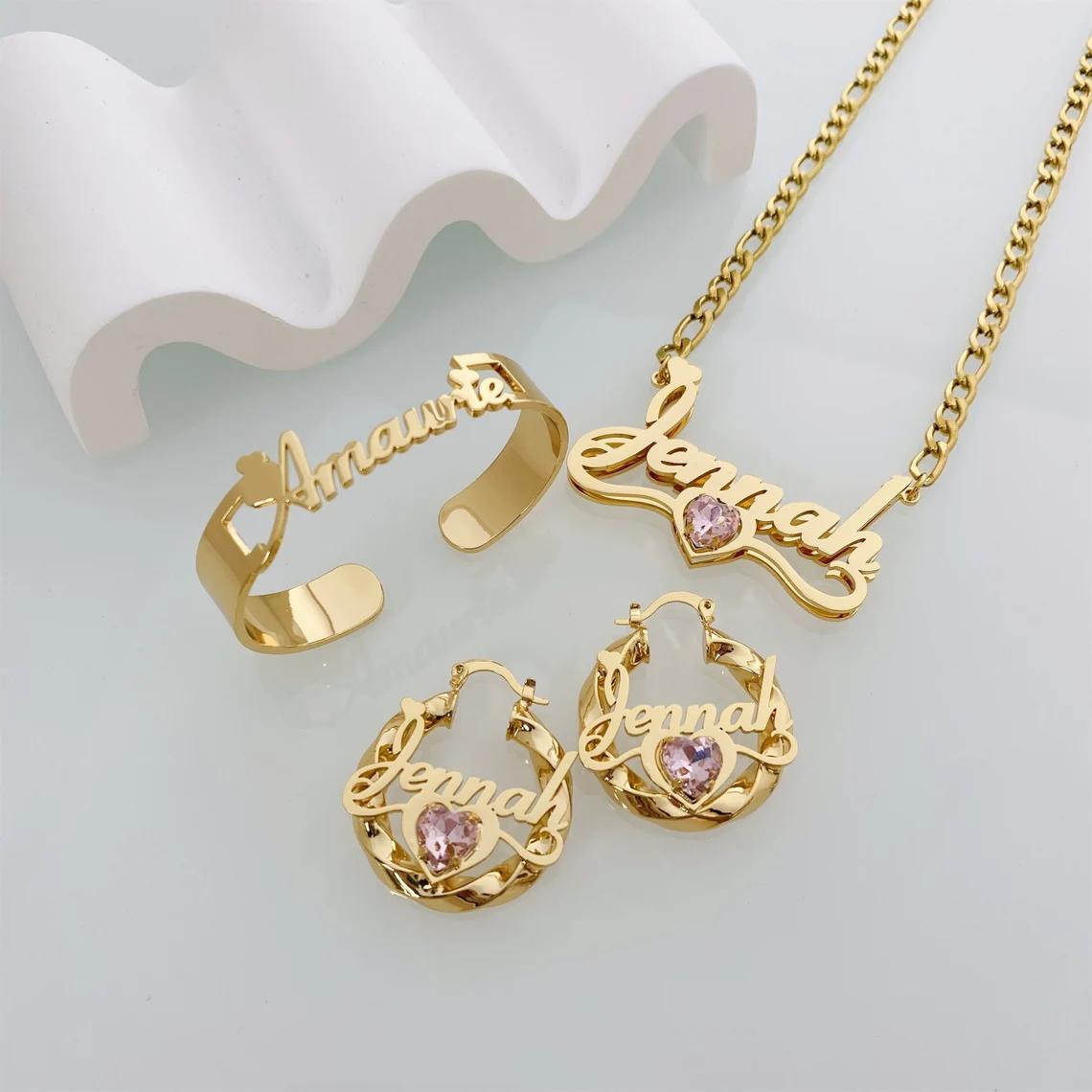 Qiuhan Stainless Steel Necklace and Earrings Set 18K Personalization Gold Plated Women Custom Name Jewelry Set bracelet серебряный