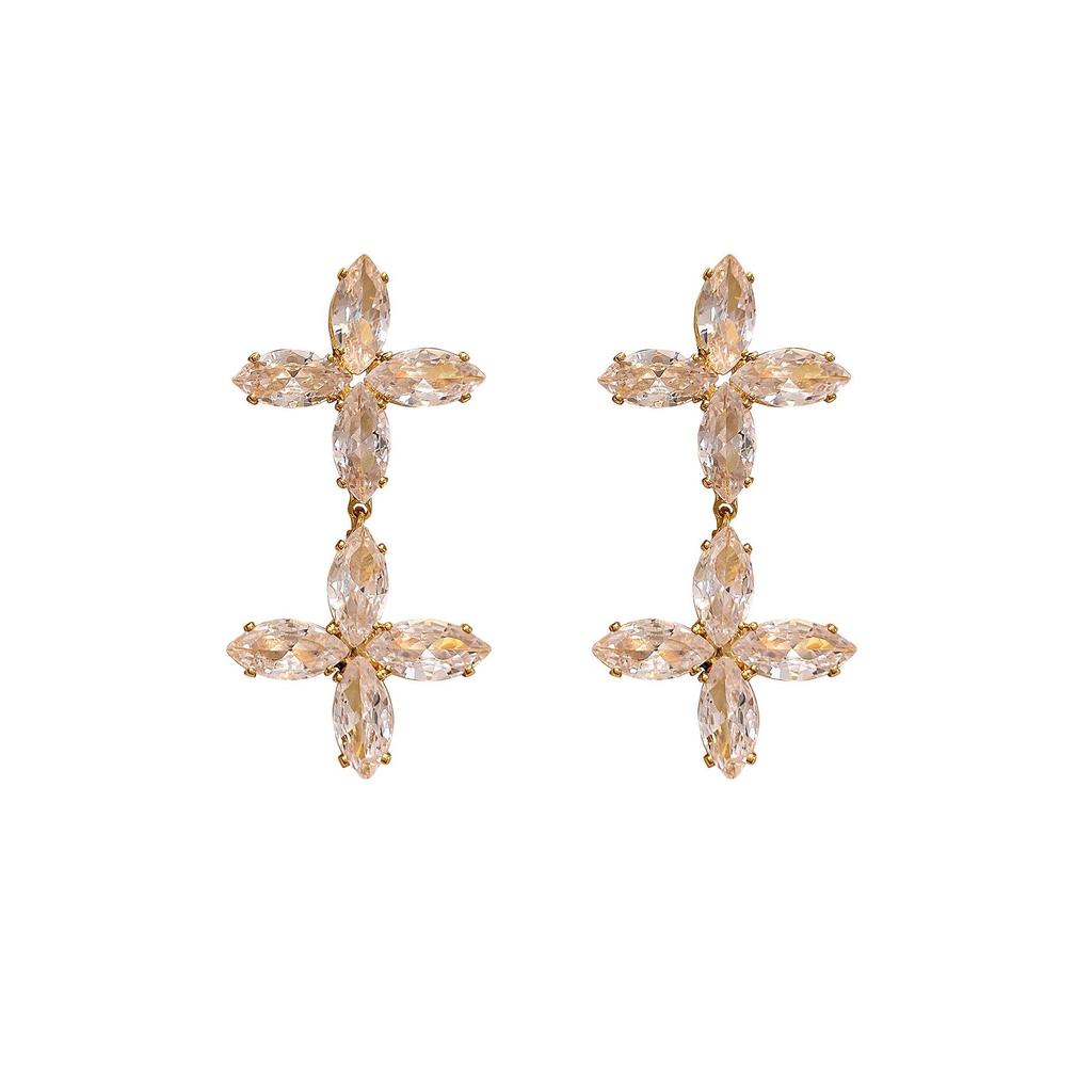 Light Luxury Double Cross Four-Leaf Clover Zircon Earrings in Gold-Plated Copper.
