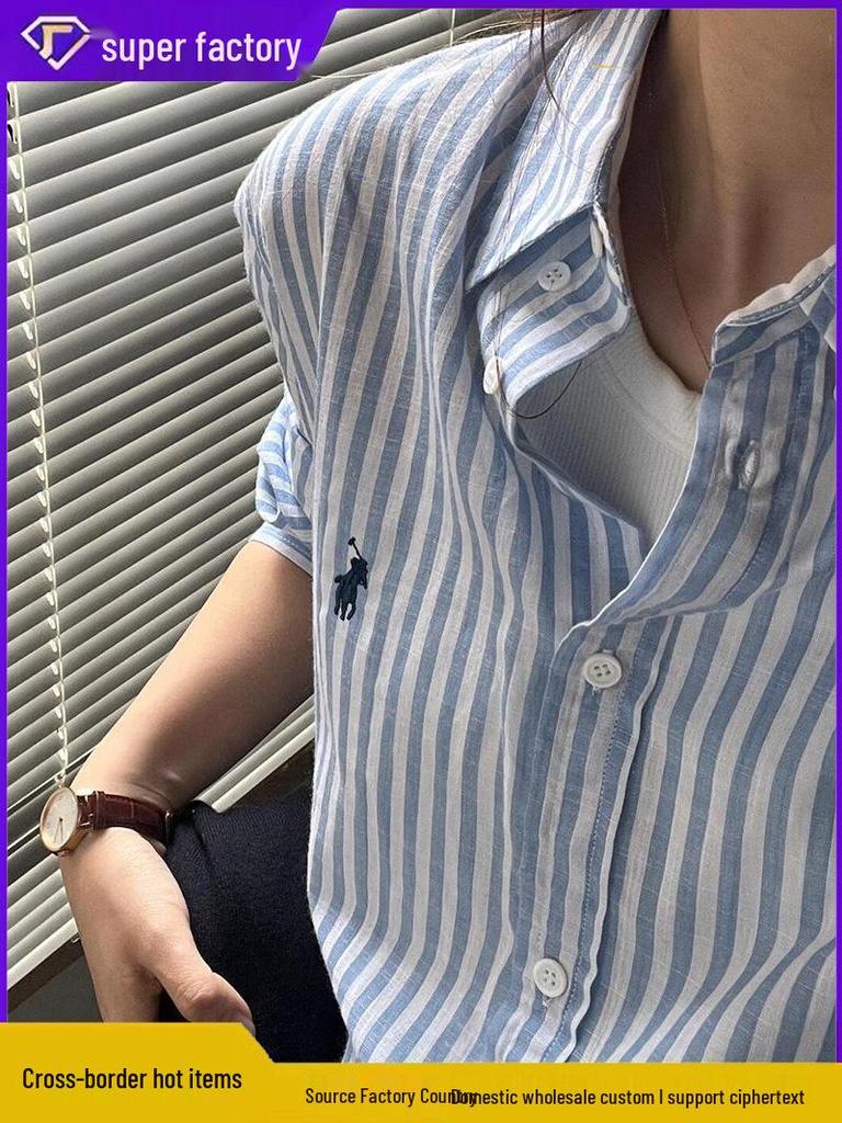 Ralph Lauren Women's Striped Long Sleeve Polo Shirt with Embroidered Horse Logo, Pure Cotton, Sun Protection