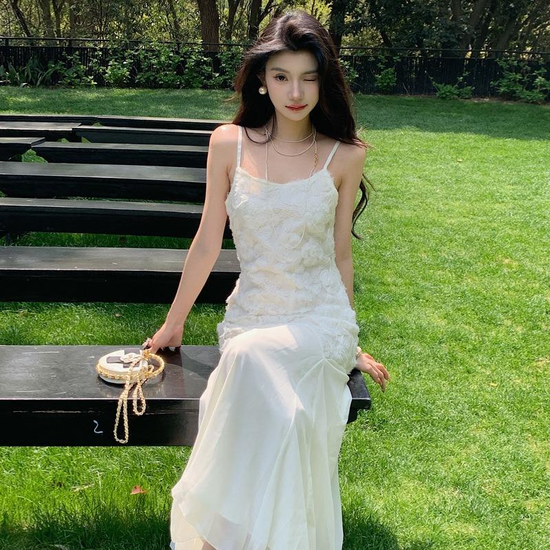

French Embroidery Rose Mesh Fairy Suspender Dress Holiday Light Luxury Temperament Waist Wrap Hips Fish Tail Long Dress S белый