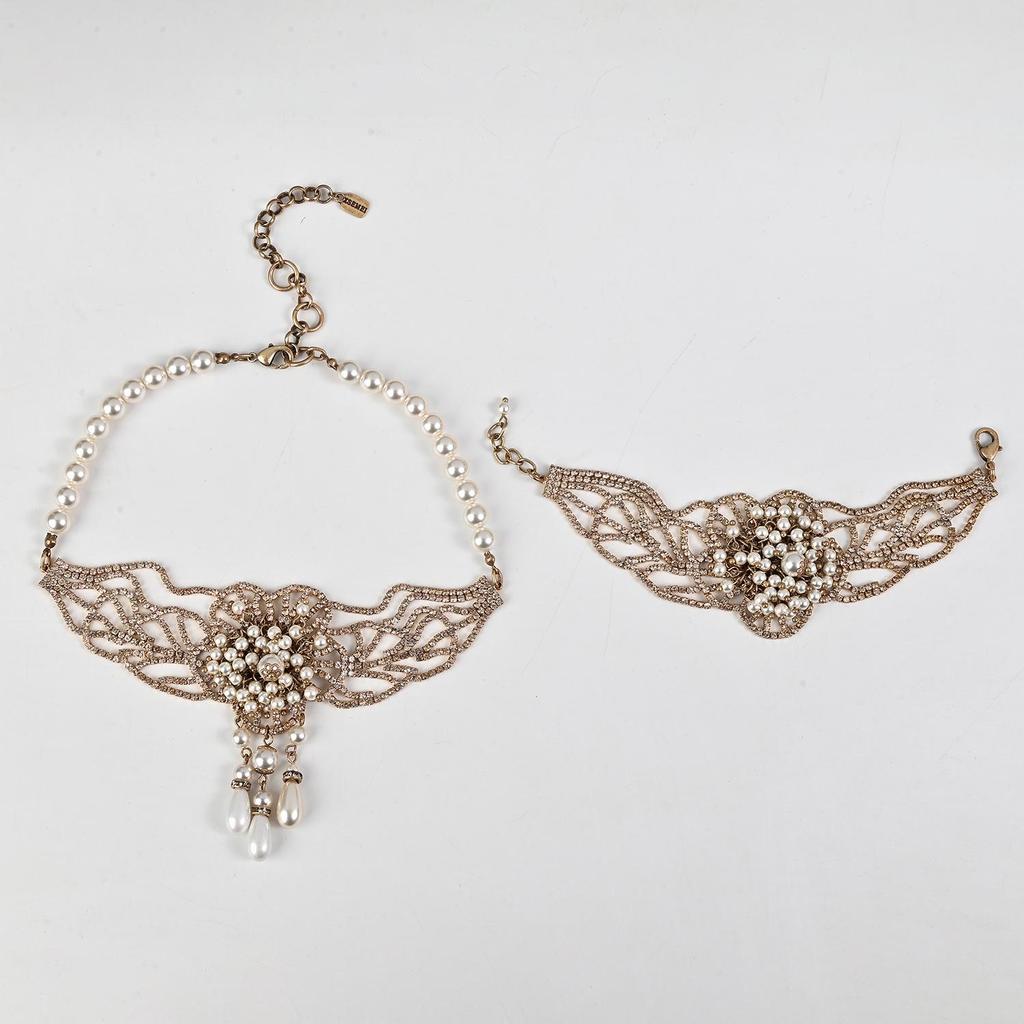 Hepburn Style Romantic Pearl & Rhinestone Necklace and Bracelet Set