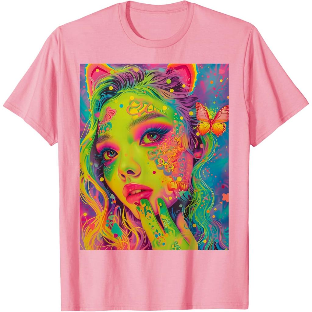 Vibrant Neon Girl Butterfly Graphic Tshirt Men Casual Oneck Print Short Sleeve Tee