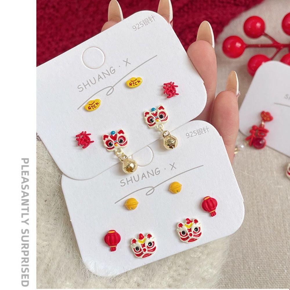 Chinese Style Red Little Lion Earrings Festive New Year Earrings Jewelry Bell Pendant Earrings