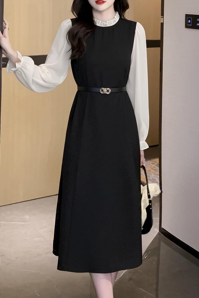 Spring Long Midi Long Dress with Stylish [Chubikime] Women's Dress, Dress, Sleeves, A-Line Belt, Slimming,