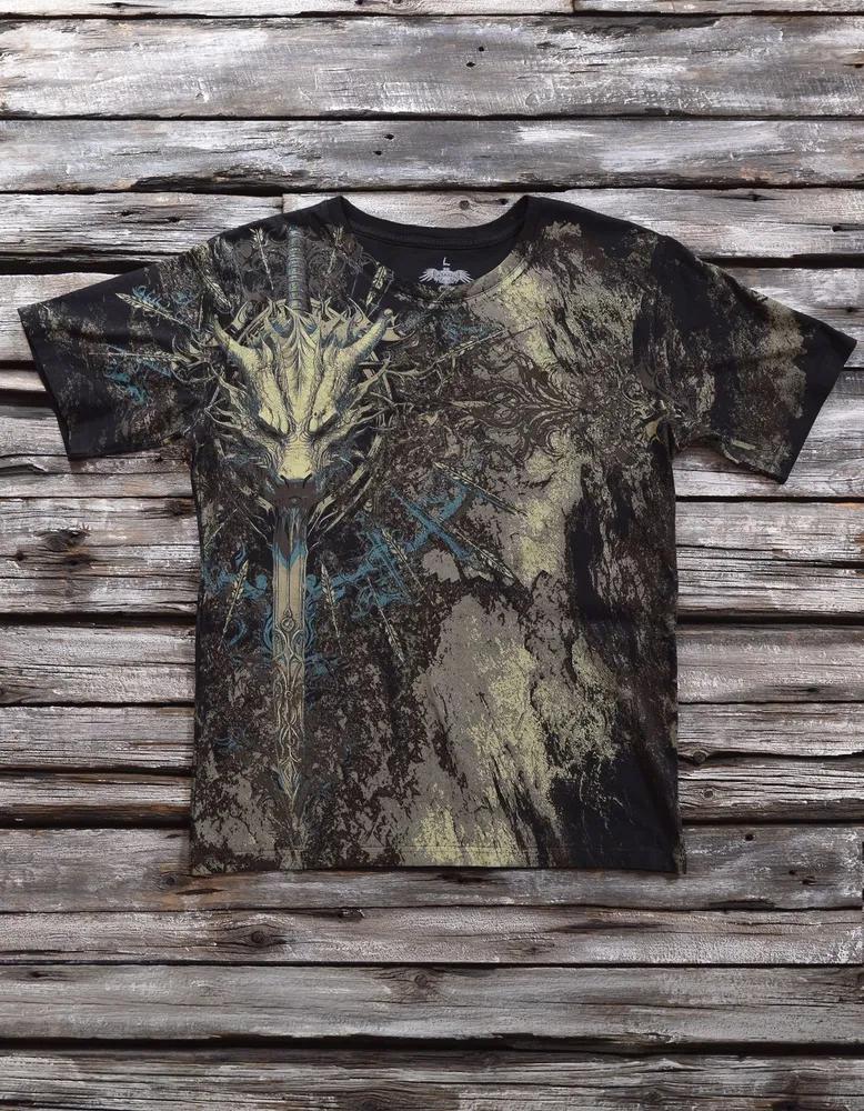 Men s Mystical Dragon Warrior Graphic T-Shirt, Ancient Dragon Head with Magical Sword, Aged Distressed Black & Gray Crew Neck Daily Wear Top XXS чёрный