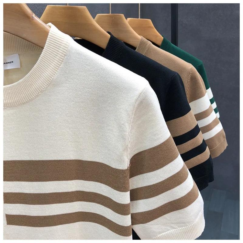 Korean Style Summer Fashion Men's Striped Color O Neck Short Sleeve Breathable Casual Trendy T Shirts