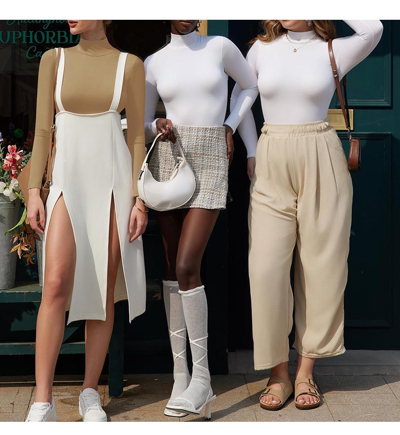 Women's High Neck Ribbed Long Sleeve Bodysuit for Autumn/Winter - Slim Fit Sports & Yoga Jumpsuit