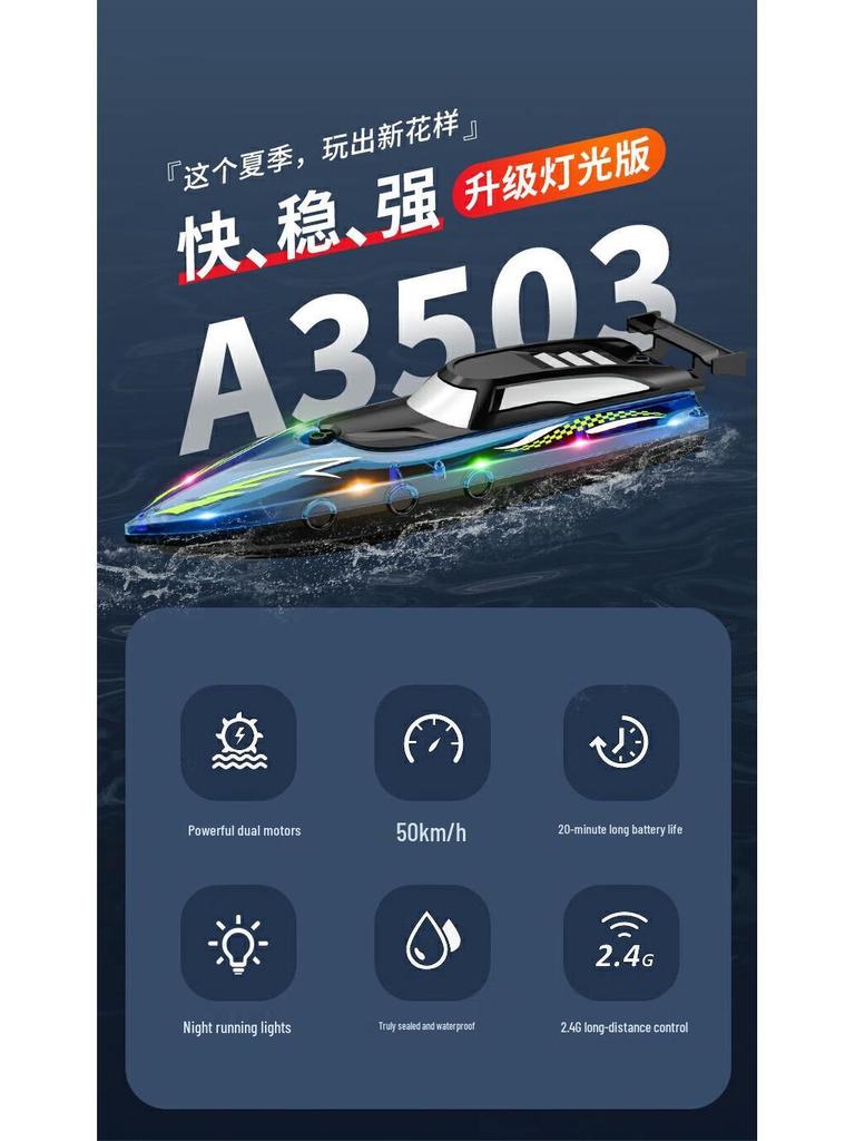 2.4G Vysokorychlostní loď na dálkové ovládání - Dvojitý motor, Vodotěsná, se světly a dvojitou vrtulí Perfektní hračka jachta pro kluky.