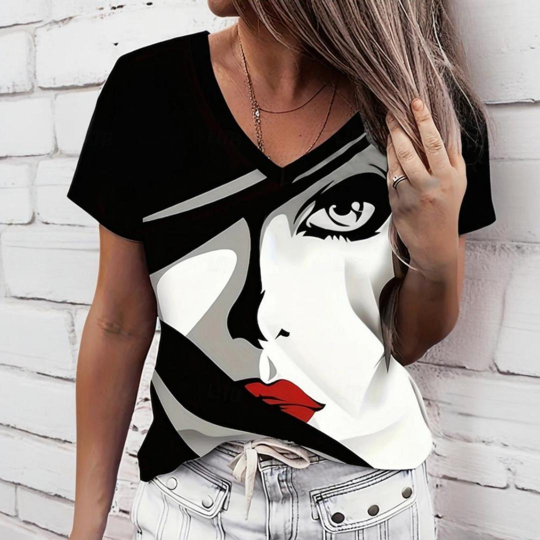 

Cartoon Ladies V-neck T-shirt Summer Outdoor Casual Short Sleeve Tops Character Printing Plus Size Women s Clothing S