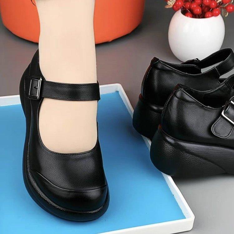 

Туфли на танкетке, платформа-маффин, одинарные туфли, женские, весна 2025, новые, с круглым носком, на мягкой подошве, туфли для мамы, профессиональная рабочая женская кожаная обувь 40 чёрный