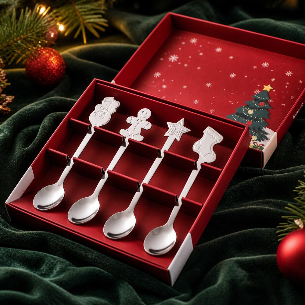 4PCS Set Festive Dessert Spoons Stainless Steel Cake Spoons New Coffee Spoons Christmas Gift