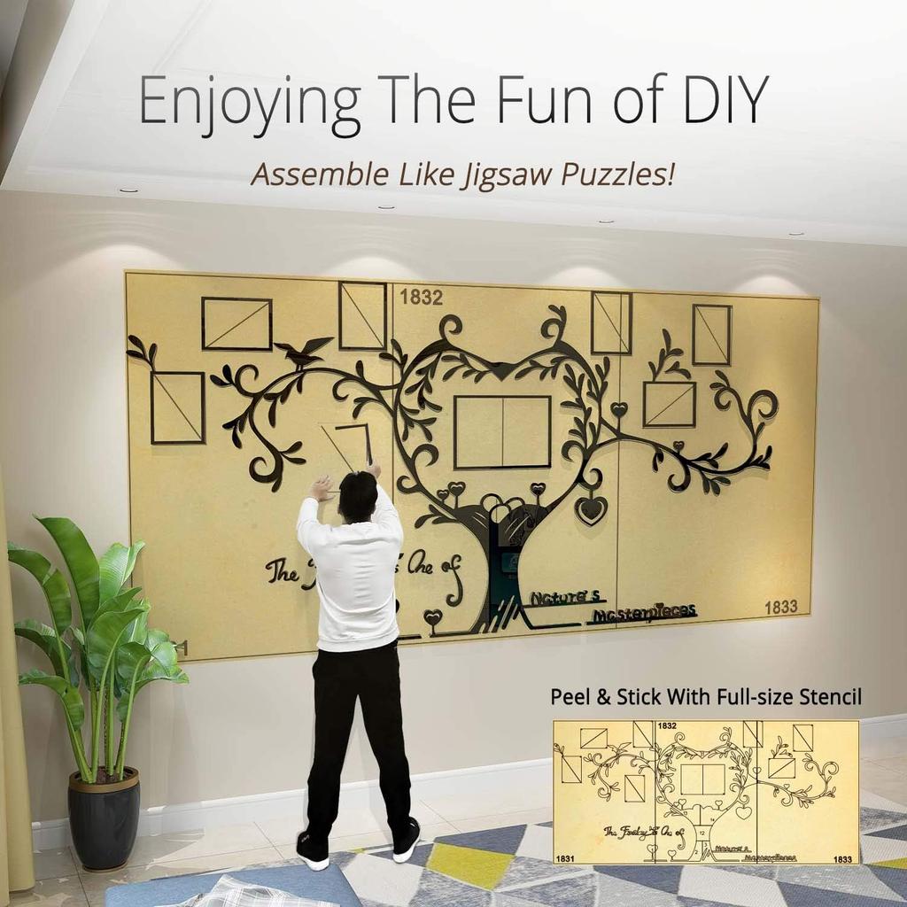 DecorSmart Love Family Tree Picture Frame Collage Removable 3D DIY Acrylic Wall Decor Stickers with Inspirational Quote for Living Room, Black